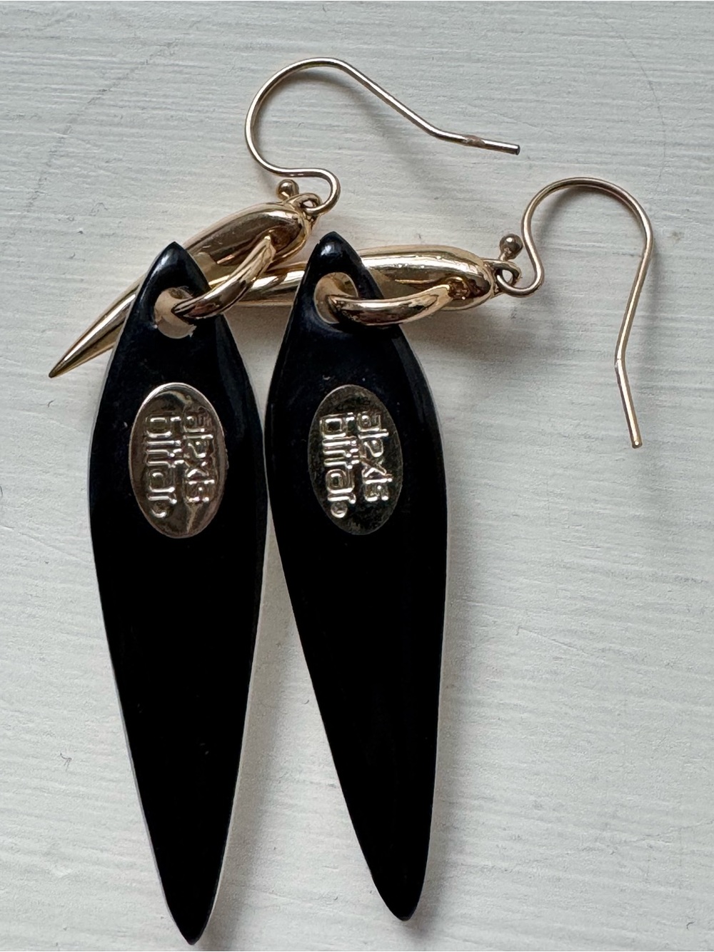 Alexis Bittar Gold trim white lucite with black back Teardrop Dangle Earrings - Picture 3 of 8